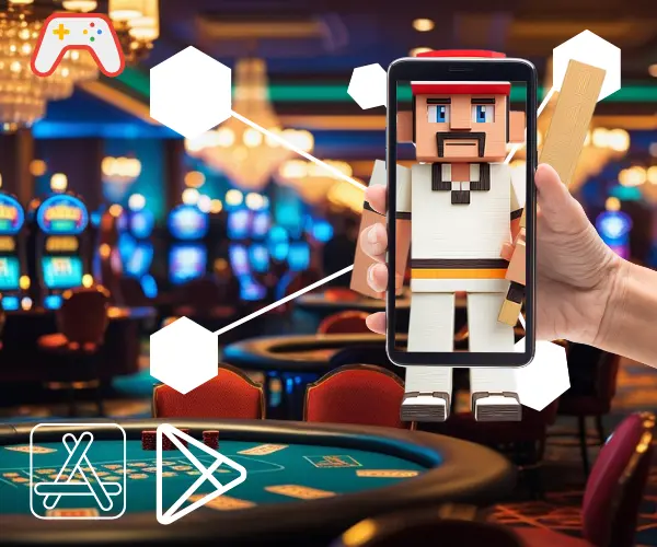 Reddy anna application on phone, with apple store and google play logo on casino background