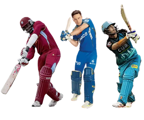 Three cricket batsmen in playing action